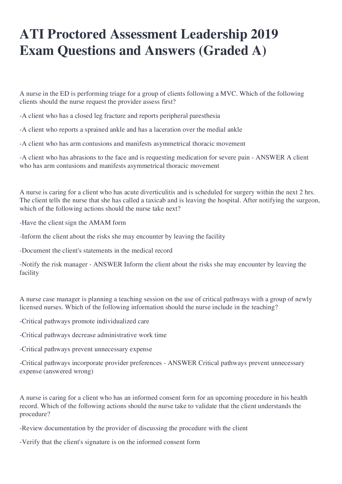 Preview image for ATI Proctored Assessment Leadership 2019 Exam Questions and Answers (Graded A)